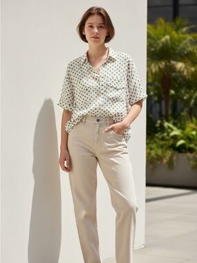 cleo Green Polka Dot Button-Up Blouse, L petite